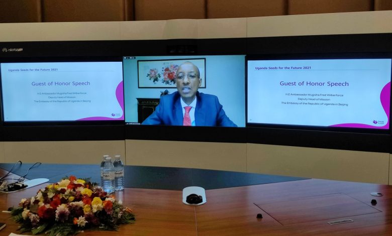 H.E Ambassador Mugisha Fred, the Deputy Head of Missions of the Ugandan Embassy and acting Ambassador in Beijing, addressing press virtually during the launch of the 2021 Seeds for the Future program.