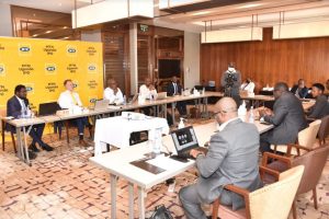 Wim Vanhelleputte (2L) and Andrew Bugembe (3L) presenting the MTN IPO to a cross section of Kenyan based investors in Nairobi early this week.