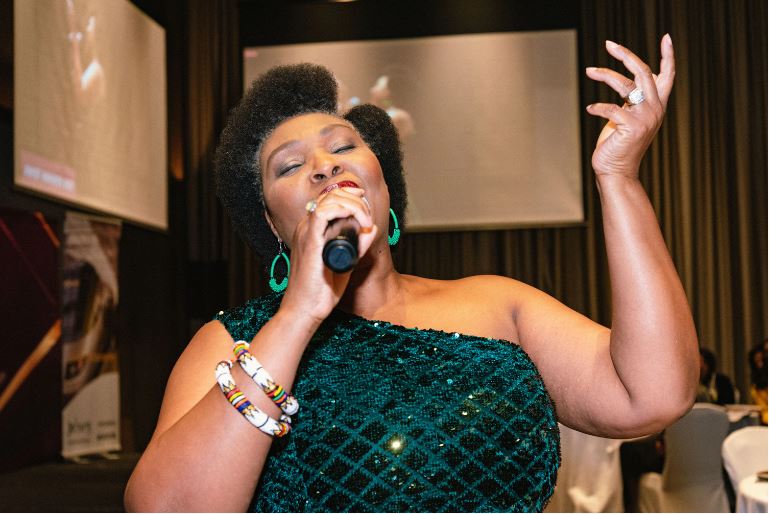 Yvonne Chaka Chaka performing at the AWIEF Awards 2021 at the Marriott Hotel Melrose Arch, Johannesburg.
