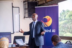 Sunbird AI Director Ernest Mwebaze making a presentation of Sunbird’s AI-powered platform.