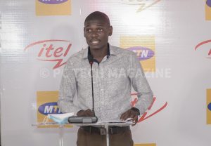 Henry Kijjo, itel Uganda’s Assistant Brand Manager addressing journalists at the launch of the itel A58. (PHOTO: Olupot Nathan Ernest/PC Tech Magazine)