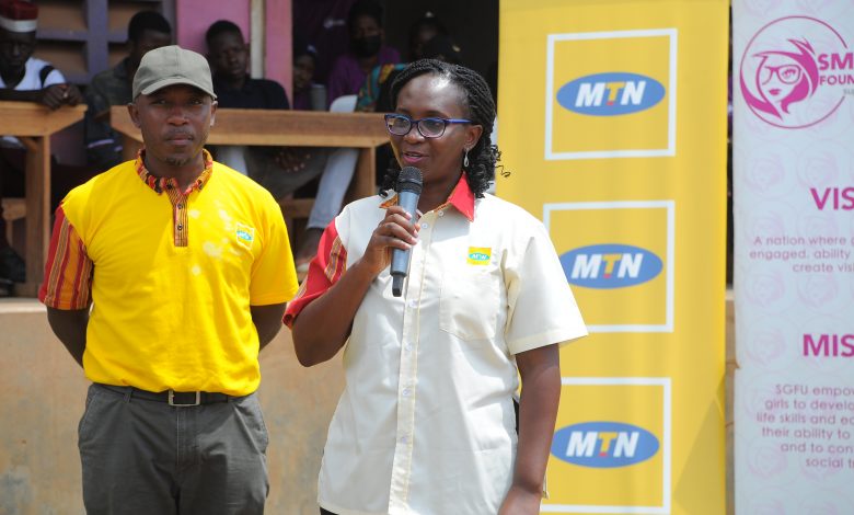 MTN Uganda General Manager for Customer Experience, Dorcas Muhwezi speaking at the ground-breaking construction of a facility with the capacity to train 400 girls annually in vocational programs.