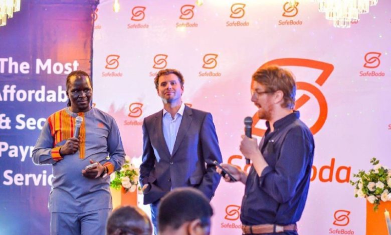 SafeBoda Founders (L-R) Ricky Rapa Thomson, Maxime Dieudonne, and Alastair Sussock at the launch of their payment service at Lazio's bar and restaurant in Kololo.