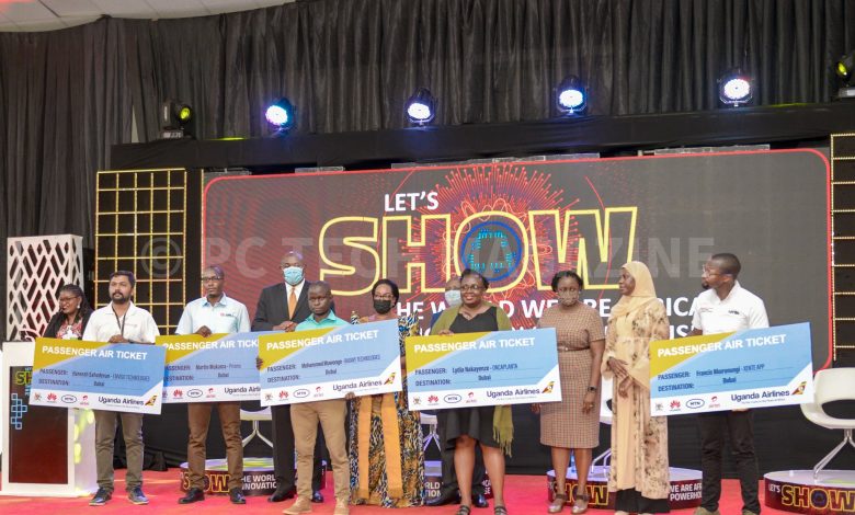 IN PICTORIAL (L-R): Hareesh Sahadevan, Martin Mukama, Mohammed Muwonge, Lydia Nakayenze, and Francis Nkurunungi pose for a group photo with officials from the Ministry of ICT as they were flagged off to represent Uganda at the Dubai Expo 2020.