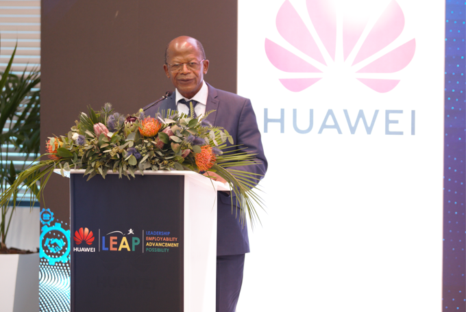 The state minister for higher education Hon. JC Muyingo speaking at the Huawei exhibition in Johannesburg South Africa.