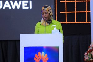 Permanent Secretary at the Ministry of ICT and National Guidance Dr. Aminah Zawedde speaking at the Huawei ICT award ceremonial at the UICT Innovation Hub.