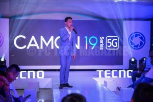 Timmy Shen, Brand Manager, Tecno Mobile Uganda addressing the press at the launch of the Tecno Camon 19 smartphones.