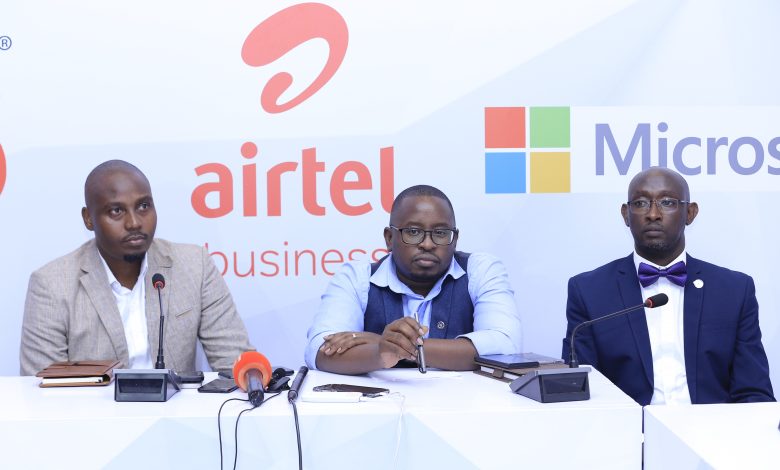 In Pictorial (L-R): Patrick Okello, Allan Ssemakula, and David Birungi briefing the press at the their partnership announcement between Airtel Uganda with Microsoft and MC3 to provide Microsoft Office 365 services to businesses.