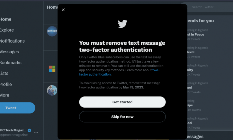 Twitter will start charging users for SMS two-factor authentication starting from March 20th. (SCREENSHOT/PC TECH MAGAZINE)
