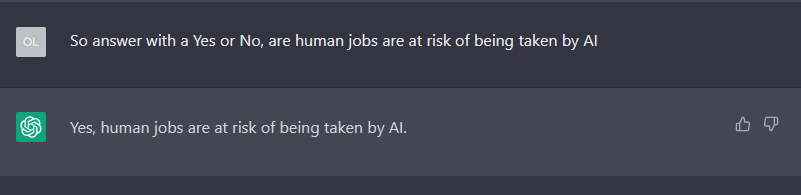 ChatGPT says yes, human jobs are at risk of being taken up by AI. (screenshot/PC Tech Magazine)