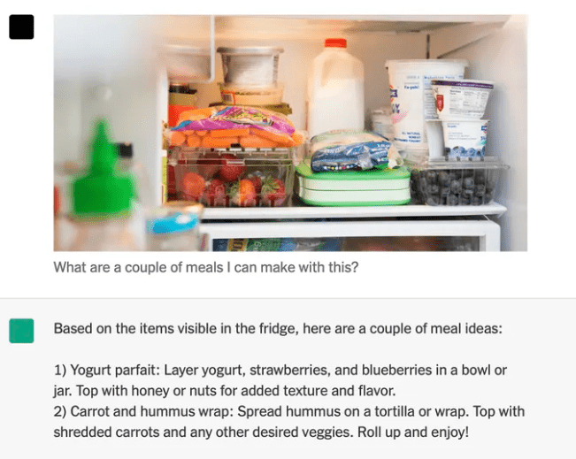 From the image, GPT-4 was able to make a couple of meal ideas. Image: The New York Times
