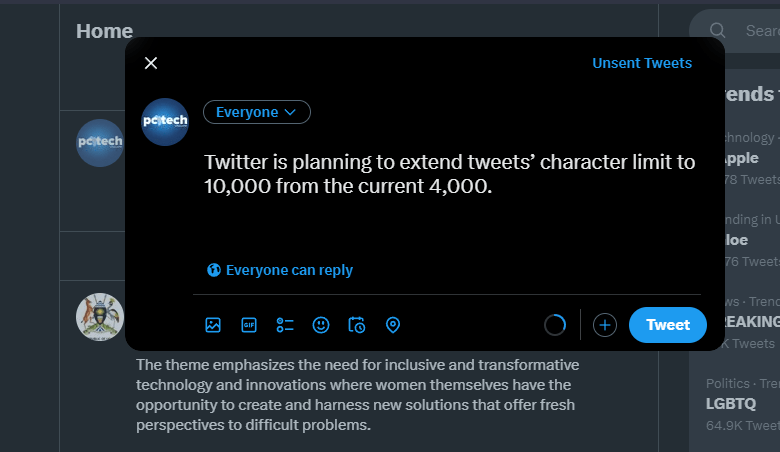 Twitter is planning to extend tweets’ character limit to 10,000 from the current 4,000. This new development was hinted at by the company CEO Elon Musk. (SCREEN SHOT | PC TECH MAGAZINE)