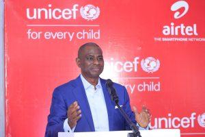 Segun Ogusanya, Airtel Africa CEO addressing the press on Airtel Africa and UNICEF reaffirming their commitment to accelerate access to education in Uganda and the rest of Africa, through digital learning. PHOTO: Airtel Uganda
