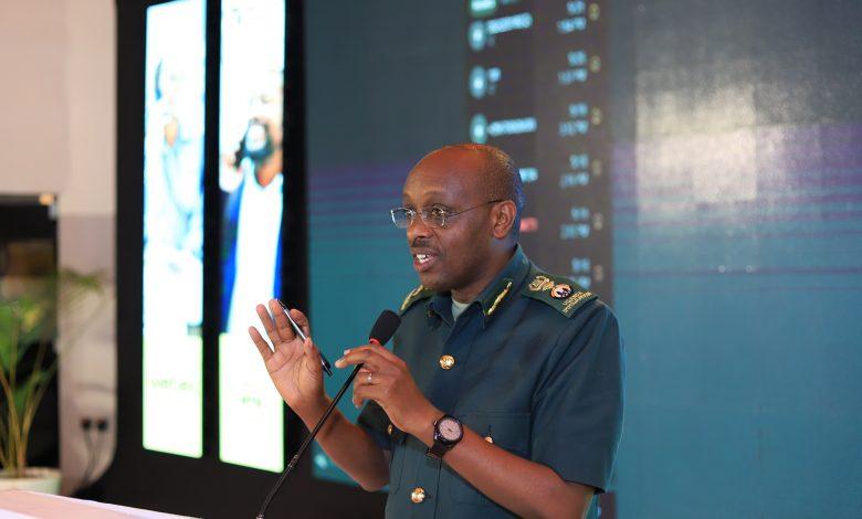 The Director of Immigrations and Passport Control, Commissioner Brig. Gen. Johnson Namanya Abaho addressing the press at the re-launch of MTN Web Phone in partnership with Webex.