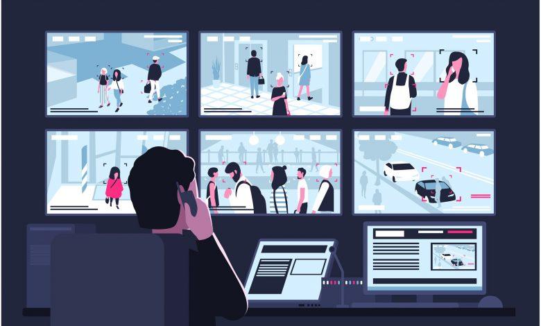 Rise of AI: A vector illustration of a security service worker sitting in control room in front of monitors displaying video. IMAGE: goodstudiominsk / freepik