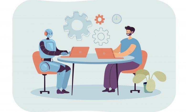 Man and robot sitting at laptops in workplace together. ILLUSTRATION: pch.vector / Freepik
