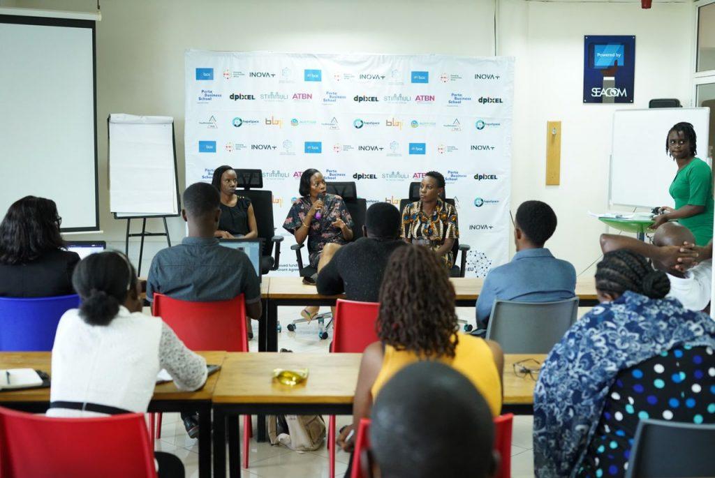 In panel discussion (left to right): Vaolah Amumpaire; founder of Wena hardware, Dona Sava; Programs and Projects lead at Hive COLAB, and Eunice Baguma Ball; Director of ATBN and Co-Founder of ishango.ai. PHOTO: PC Tech Magazine