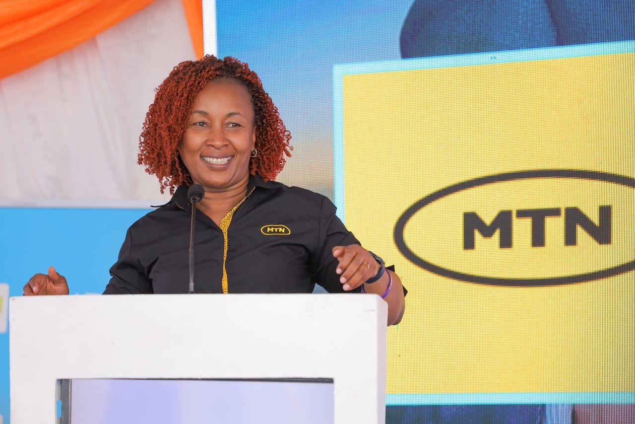 Sylvia Mulinge, the Chief Executive Officer of MTN Uganda speaking at the launch event of Wendi Mobile Wallet in Bukedea.