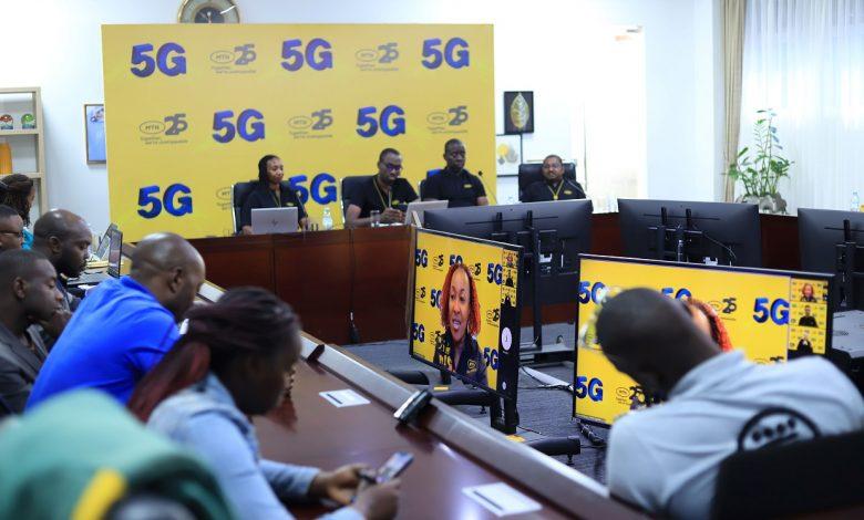 MTN Uganda Chief Executive Officer, Ms. Sylvia Mulinde remotely addressing the press using the 5G connection.