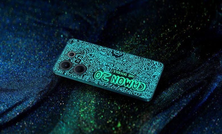 The back panel of the Tecno Camon 20 Doodle gives off a fluorescent glow at night after absorbing daylight showing doodle art by Mr. Doodle, a UK-based artist.