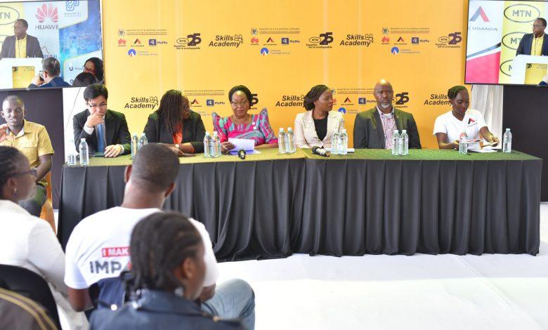 Hon. Joyce Nabbosa Ssebugwawo (3rd from left), the State Minister for ICT addressing the press at the launch of the MTN Skills Academy .