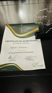 PICTURED: Rowena Turinawe's certificate of recongintion and an acolade for winning the ICT Young Professional of the Year 2023. COURTESY PHOTO