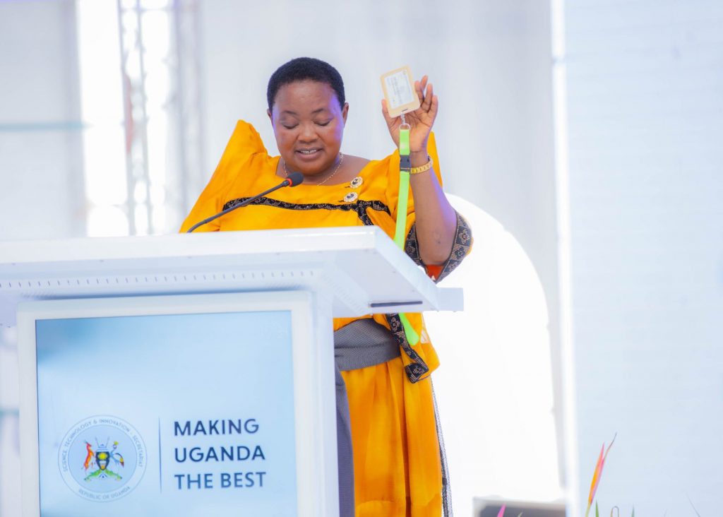 Prime Minister, Rt. Hon. Robinah Nabbanja showing the KaCyber Go Card at its launch at the National Science Week 2023.