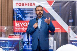 Santosh Varghese, Vice President of Toshiba Gulf FZE speaking to the press at the launch of their HDDs in Uganda under the initiative “Build Your Own Data Centre [BYODC]”. PHOTO: PC Tech Magazine / Olupot Nathan Ernest