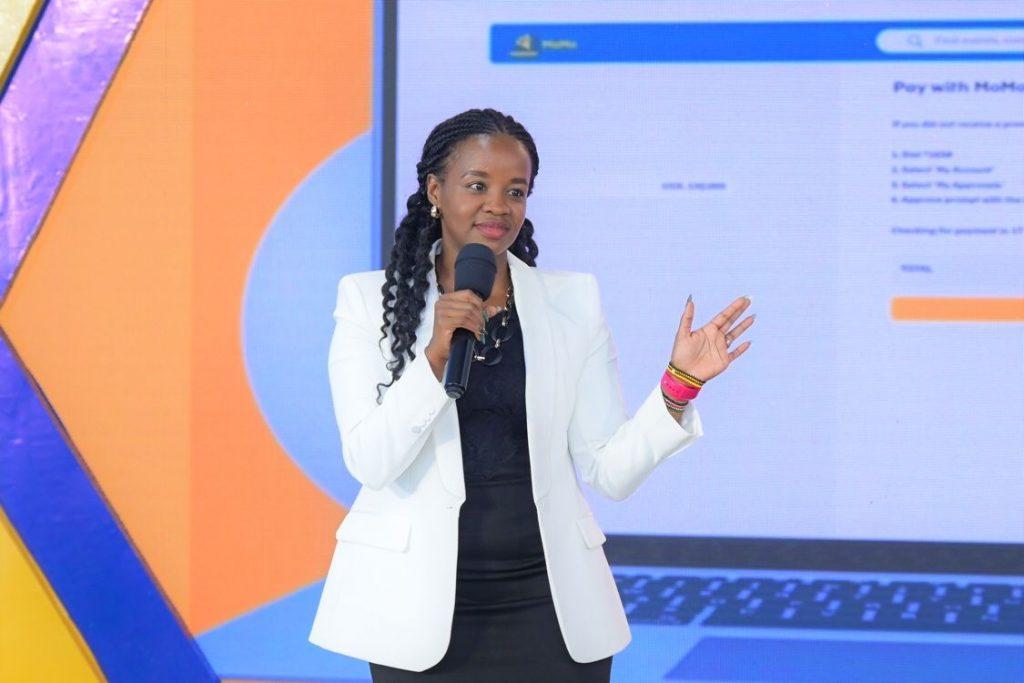 Jemima Kariuki, the Chief Product Officer at MTN Mobile Money (U) Limited briefing the press during the launch of their new ticketing option added to their MTN MoMo platform. COURTESY PHOTO / MTN Uganda