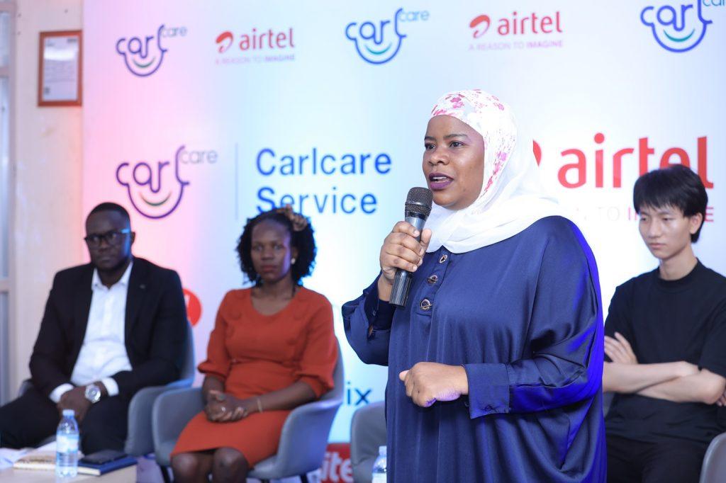 Joweria Nabakka, Director of Customer Experience at Airtel Uganda addressing the press during the announcement of their partnerships with CarlCare to enhance the post-purchase experience for phone users, specifically holders of transsion devices. COURTESY PHOTO