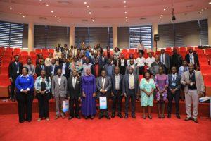 The Permanent Sectary of the Ministry of ICT and National Guidance, Dr. Aminah Zawedde (front row, 5th from left) poses for a group photo with URSB's officials and other guests after launching the Bureau's Online Business Registration System. COURTESY PHOTO