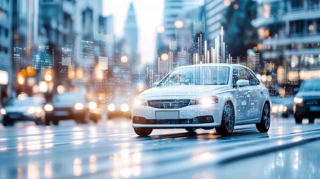 A modern car drives through a busy, illuminated city street, with digital data overlays depicting technological connectivity and smart city integration. Courtesy Photo