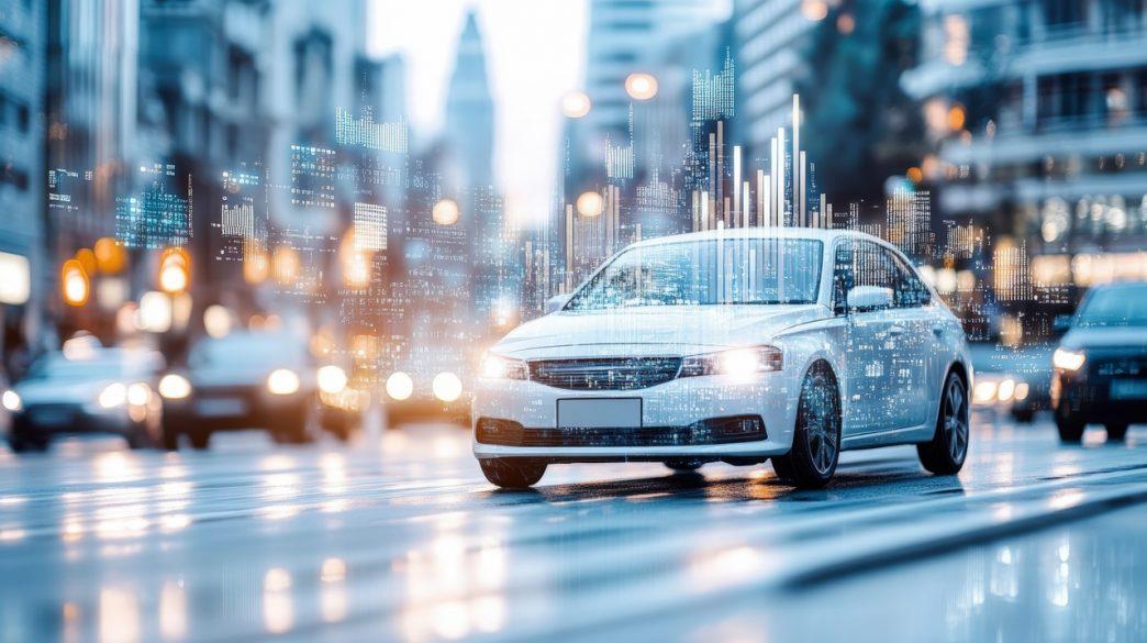 A modern car drives through a busy, illuminated city street, with digital data overlays depicting technological connectivity and smart city integration. Courtesy Photo