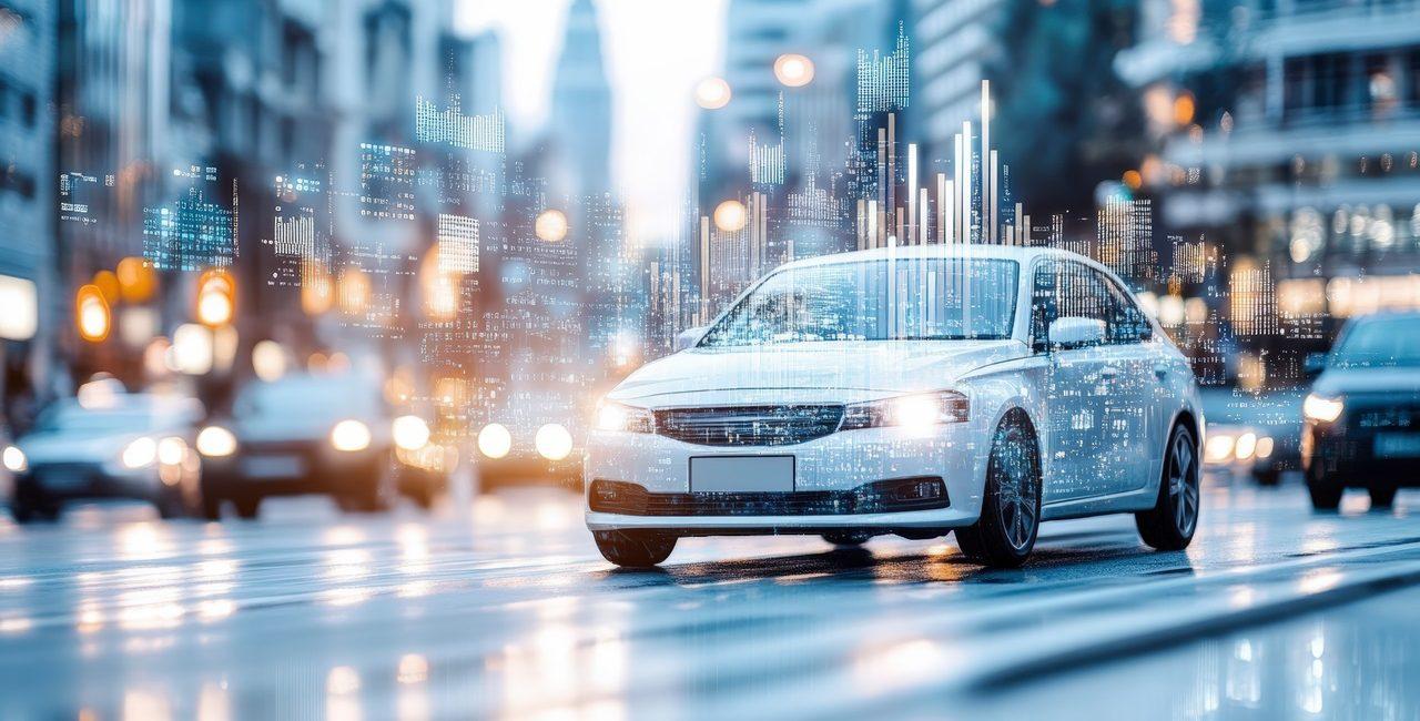 A modern car drives through a busy, illuminated city street, with digital data overlays depicting technological connectivity and smart city integration. Courtesy Photo