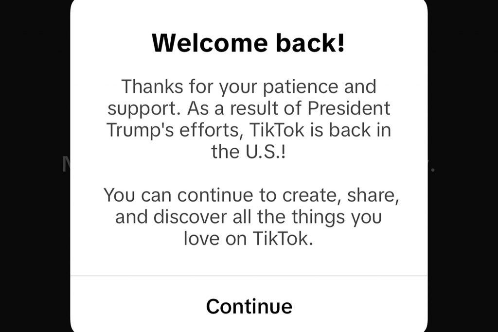 A message appearing on the TikTok app after service was restored Sunday. Source: TikTok