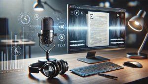 A modern digital workspace showcasing the concept of transcribing audio to text. The scene features a sleek computer screen displaying a document. PHOTO: DALLE/AI