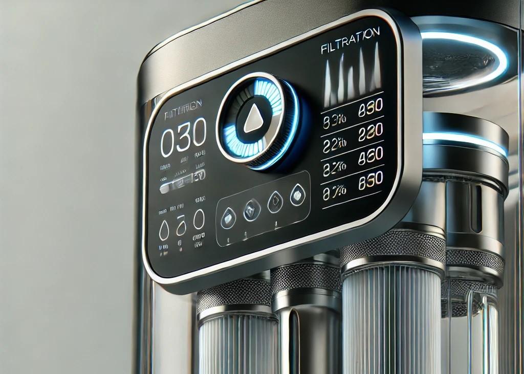 Smart water filters are highly developed devices equipped with sensors, and applications that allow the consumer to monitor them easily. (Pictured) A modern water filtration device featuring a digital display panel showing filtration metrics. PHOTO: DALLE/AI