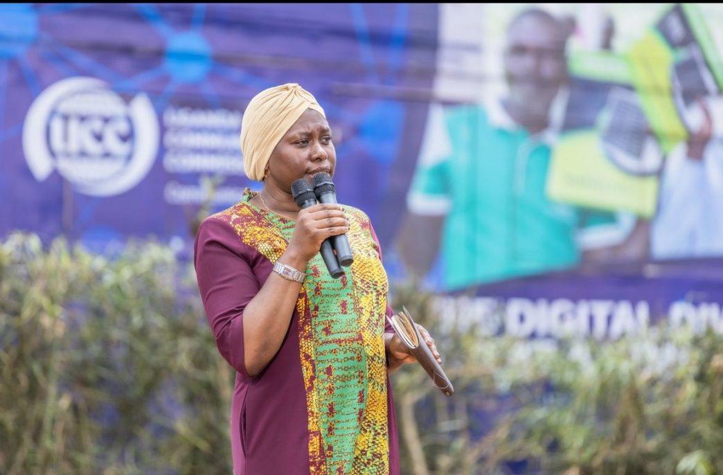 The Permanent Secretary of the Ministry of ICT and National Guidance, Dr. Aminah Zawedde speaking at the handover ceremony of 150 tables to residents of Kalungu District to enhance digital inclusion and community empowerment. PHOTO: Ministry of ICT and National Guidance