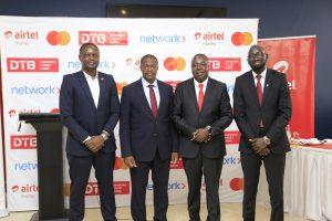 Managing Director Airtel Mobile Commerce Uganda Limited, Japhet Aritho (2nd from right), and Head of Telco Digital Partnerships MEA at Mastercard, Lenin Oyuga (extreme left) pose for a group photo with partner representatives from DTB and Network International at the launch of the Airtel Global Pay Card. COURTESY PHOTO: Airtel Uganda