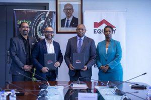 Spiro CEO, Kaushik Burman (2nd from left) and Equity Bank Rwanda CEO, Hannington Namara (2 from right) and representatives from each party pose for a group photo after signing a Memorandum of Understanding (MoU) to enhance the financing model targeting electric motorbikes in Rwanda. PHOTO: Spiro