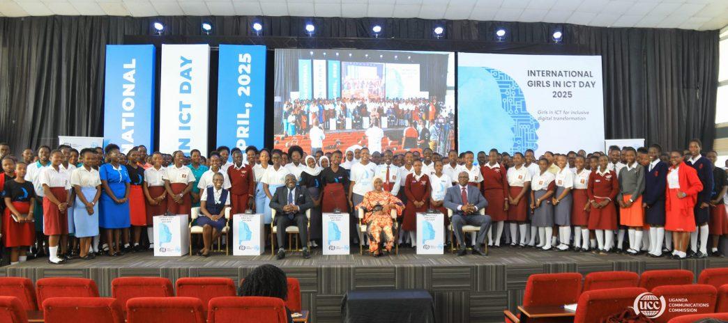 Secondary school girls join Dr. Aminah Zawedde (seated 2nd from right), Permanent Secretary of the Ministry of ICT and National Guidance, Hon. William Nyombi Thembo (seated 2nd from left), UCC Executive Director, ITU, and UICT for a group photo on the International Girls in ICT Day at the National ICT Innovation Hub on Thursday, April 24, 2025. PHOTO: UCC
