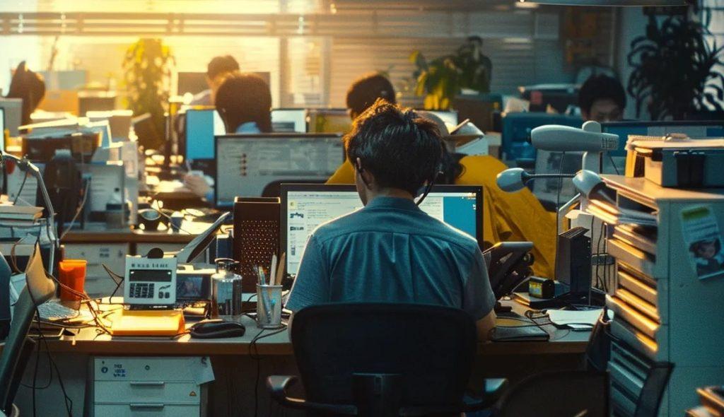 Employees in an office setting, working at their desks and using online fax services on their computers. COURTESY PHOTO