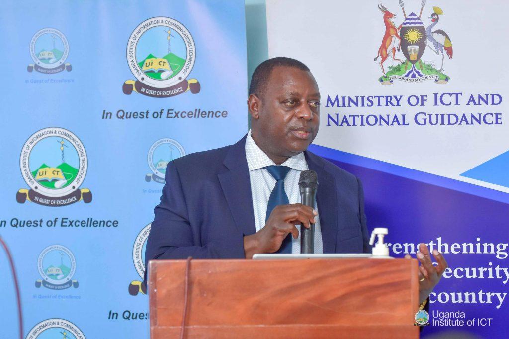 Dr. Fredrick Kitoogo, Principal at UICT, speaking at the closing ceremony of the Introduction to Computer Basics for the Visually Impaired (ICBVI) Training of Trainers at National ICT Innovation Hub on Wednesday, April 30, 2025. COURTESY PHOTO