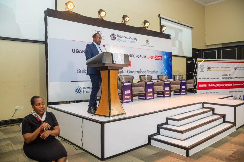 Joshua Mpairwe, President of the Internet Society (ISOC) Uganda Chapter, speaking at the launch of the Uganda Parliamentary Internet Governance Forum at Mestil Hotel in Kampala on Wednesday, April 30, 2025. COURTESY PHOTO