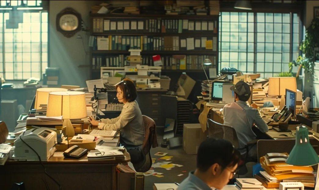 Employees in an office setting, seated at their desks and utilizing internet fax services on their computers. COURTESY PHOTO