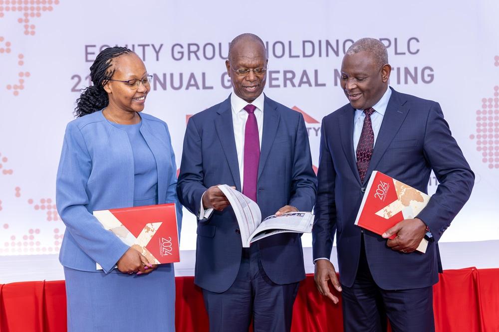 (L-R): Rosa Nduati-Mutero, Managing Partner at ALN Kenya, Equity Group Chairman, Prof. Isaac Macharia, and Equity Group Managing Director & CEO, Dr. James Mwangi, during the Group’s 21st Annual General Meeting. COURTESY PHOTO