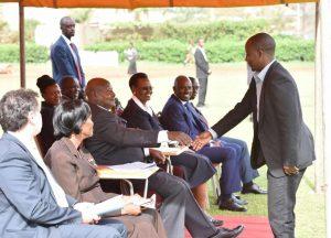 Ronald Katamba greeting President Yoweri Kaguta Museveni. COURTESY PHOTO