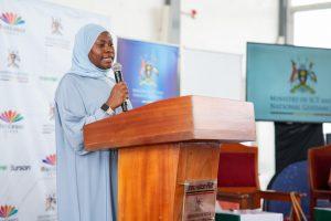Dr. Aminah Zawedde, Permanent Secretary of the Ministry of ICT and National Guidance, speaking at the graduation ceremony of government communication officers at the National ICT Innovation Hub in Nakawa. COURTESY PHOTO
