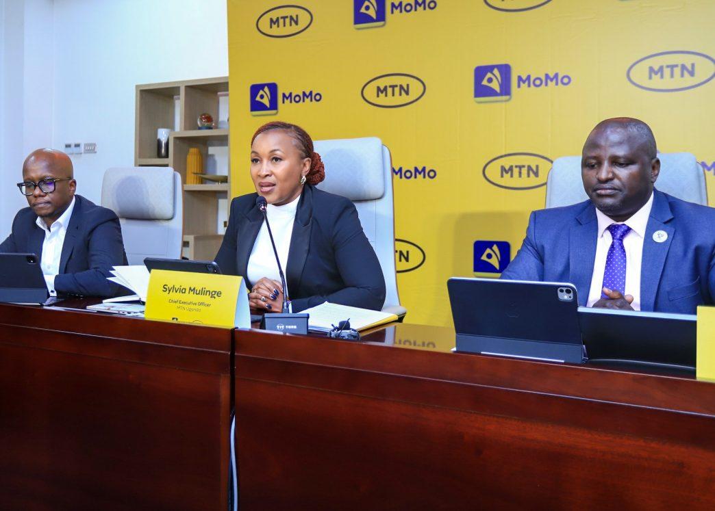 (L-R ) MTN Uganda CFO Andrew Bugembe, CEO Sylvia Mulinge, and MTN MoMo MD Richard Yego announcing the company's H1 financial results in Kampala on August 11, 2025. COURTESY PHOTO/MTN