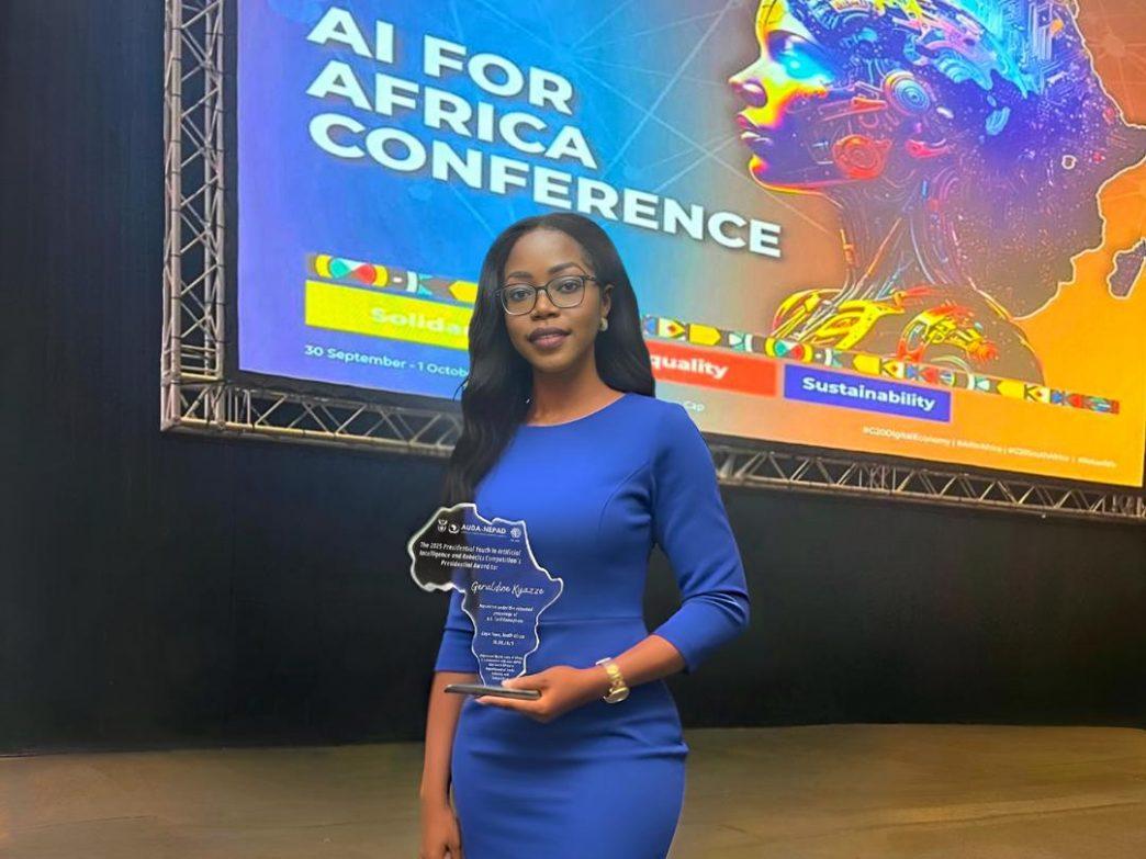 Geraldine Gloria Kyazze poses with her Presidential Award she won for her healthtech startup, MyMedikoz at the 2025 African Youth in AI & Robotics Competition in Cape Town, South Africa. COURTESY PHOTO